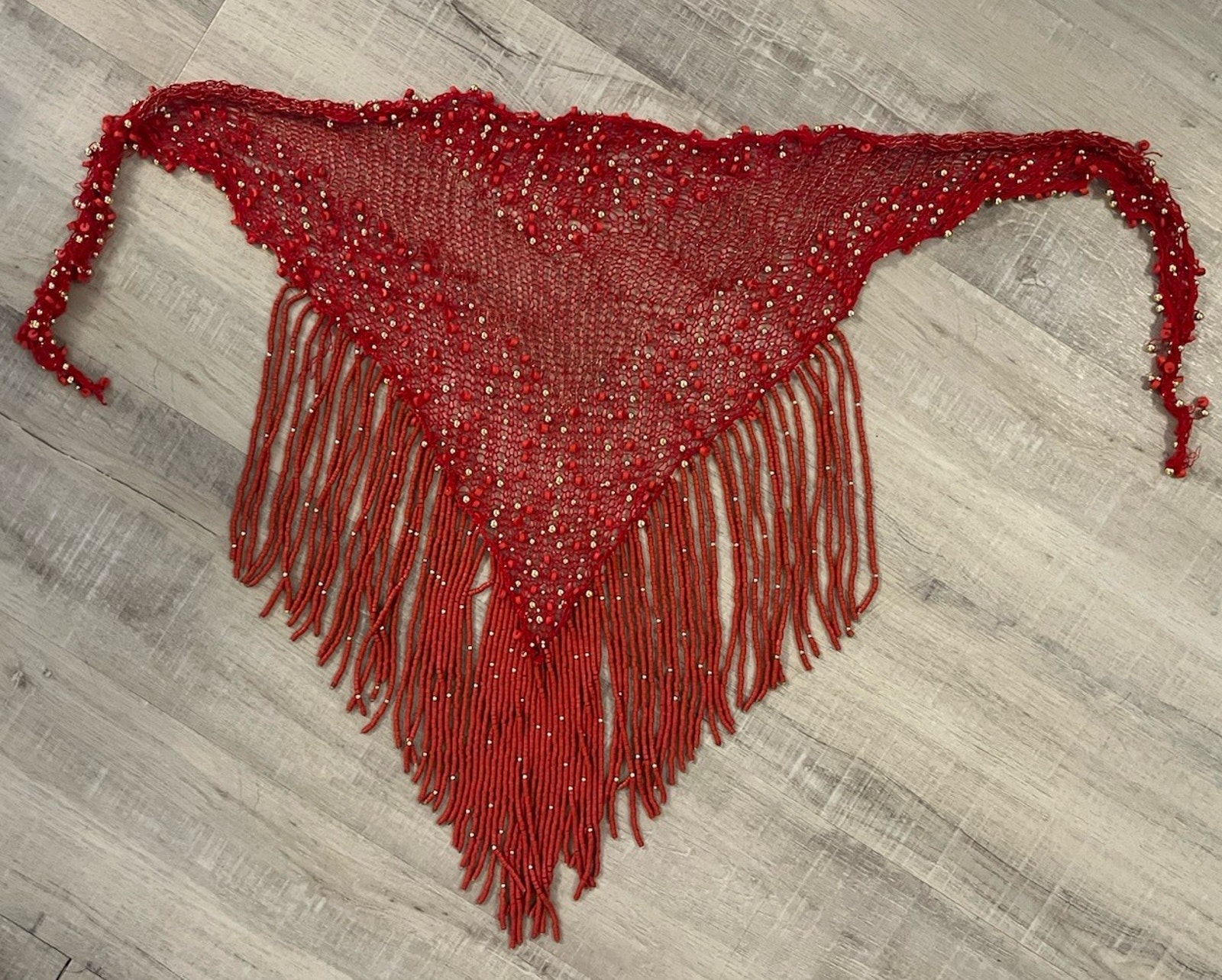 Vtg Long Fringe Beaded Bib Scarf Crocheted Macrame Belly Dance Hip Belt Western